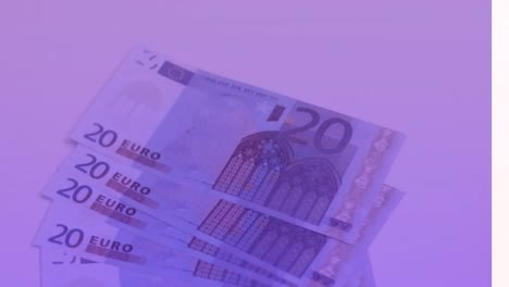 Animation-of-close-up-of-euro-bills-flying-against-purple-background