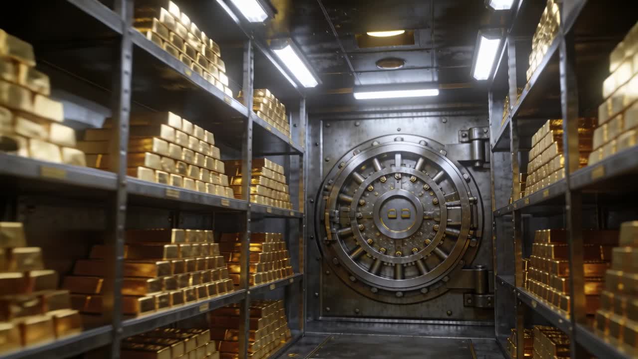 Telecamera che si muove lungo uno stretto corridoio di un caveau bancario, mostrando dettagli della serratura circolare della porta del caveau e lingotti d'oro.