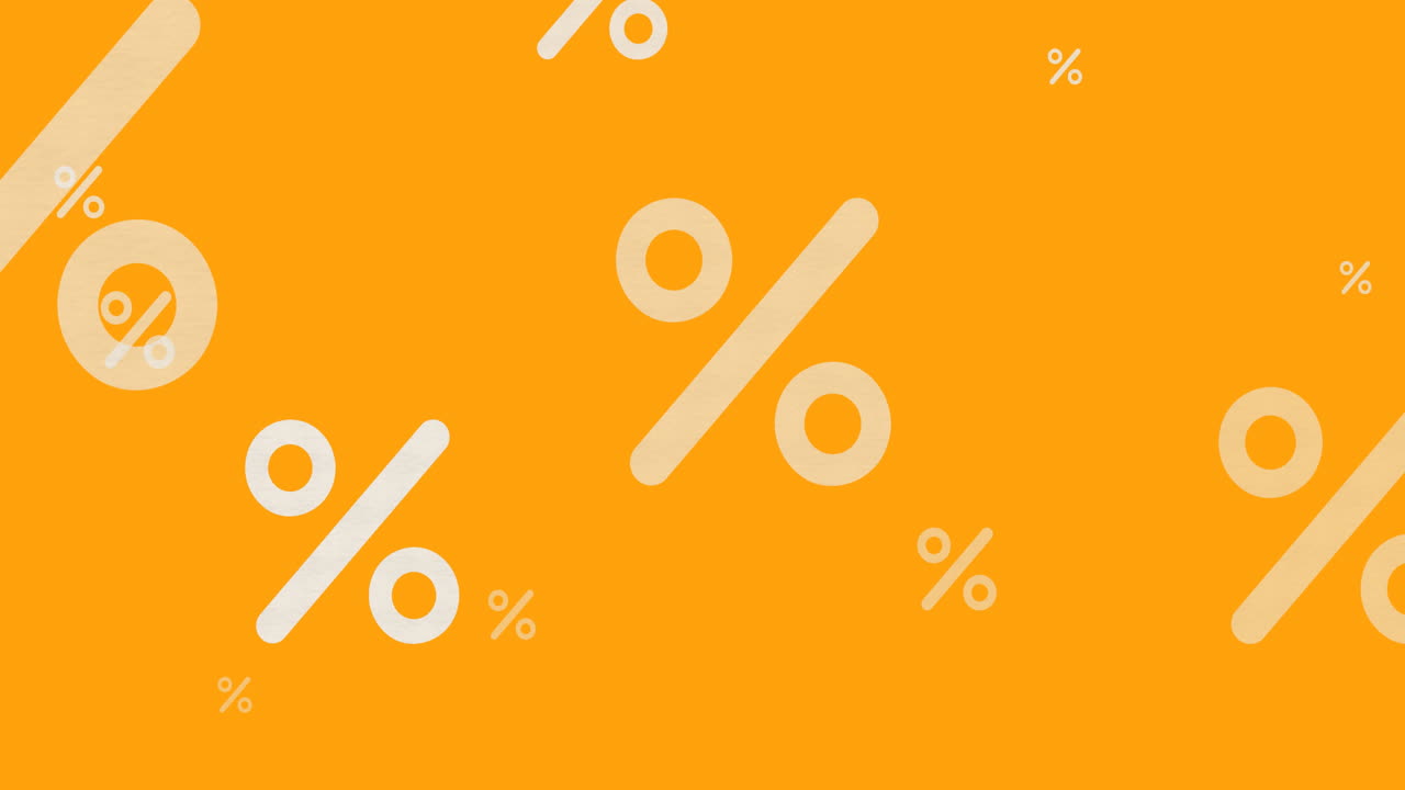 animación de iconos de porcentaje blanco en línea que se mueven sobre fondo amarillo