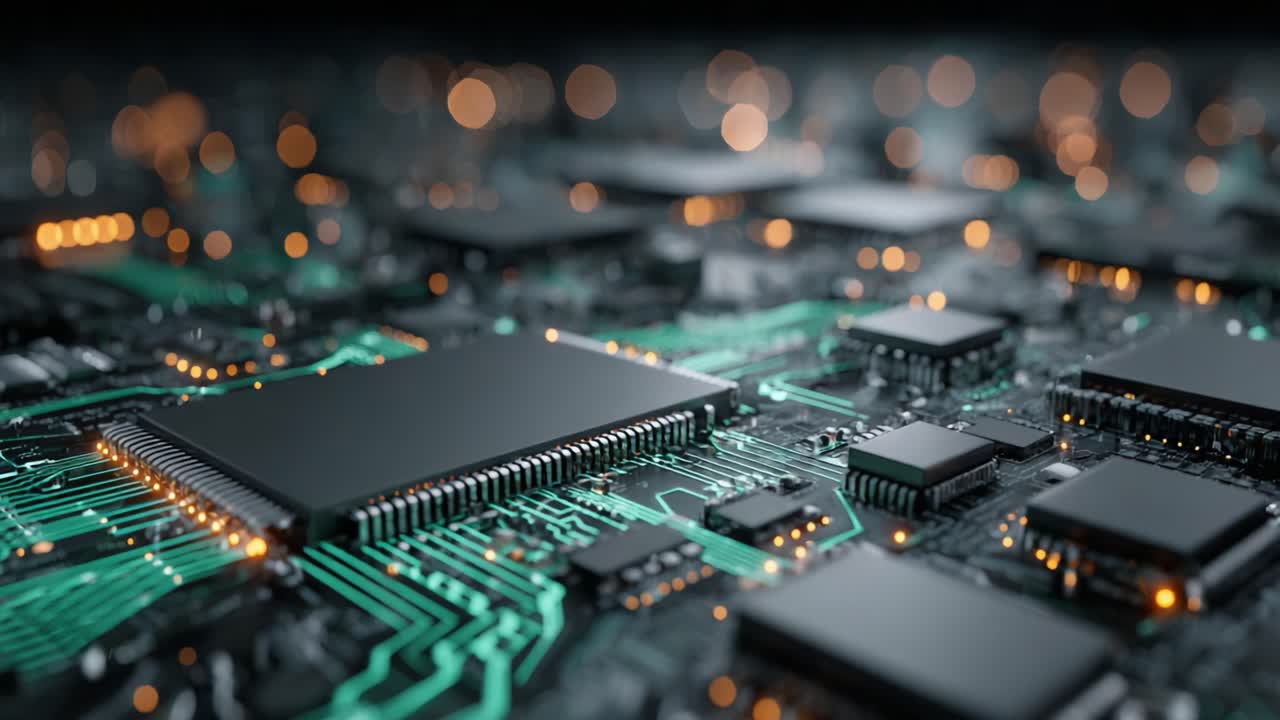 Exploring the Intricate Details of a Modern Circuit Board: A Close-up View of Microchips and Electrical Pathways Illuminated by Soft Bokeh Lights
