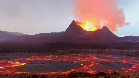 Amazing-Ground-Level-Shot-Of-Iceland-Fagradalsfjall-Volcano-Eruption-With-Molten-Lava-Fields-In-Motion-Foreground