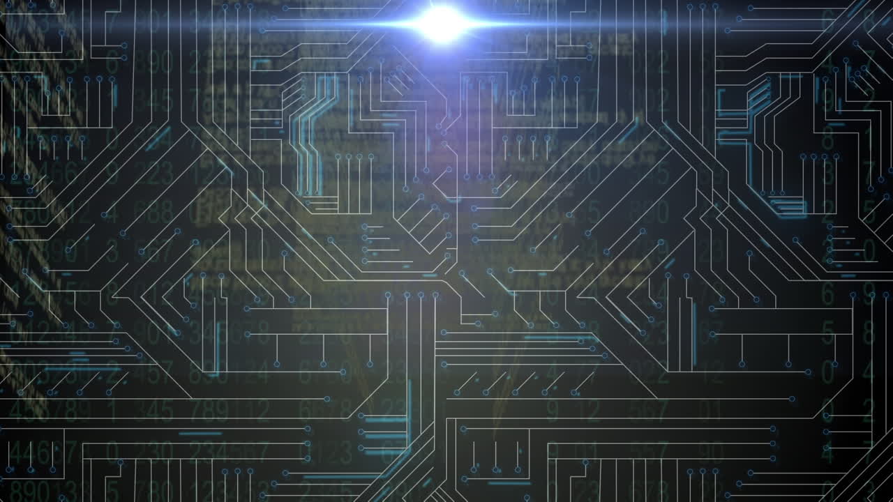 빛나는 컴퓨터 회로판 위의 데이터 처리 애니메이션