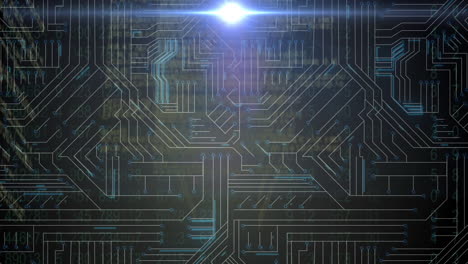 animación del procesamiento de datos sobre una placa de circuitos informáticos brillante