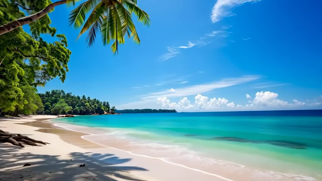 A serene beach scene with turquoise waters and palm trees, captured from a low angle