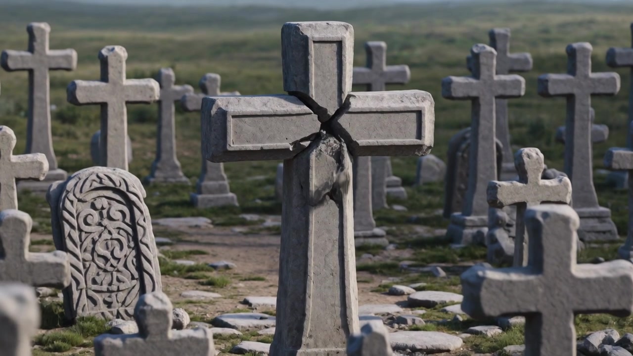 Croce di pietra centrale che si sta crepando a causa di una sottile fessura che si allarga nel campo santo, rilasciando frammenti di pietra.