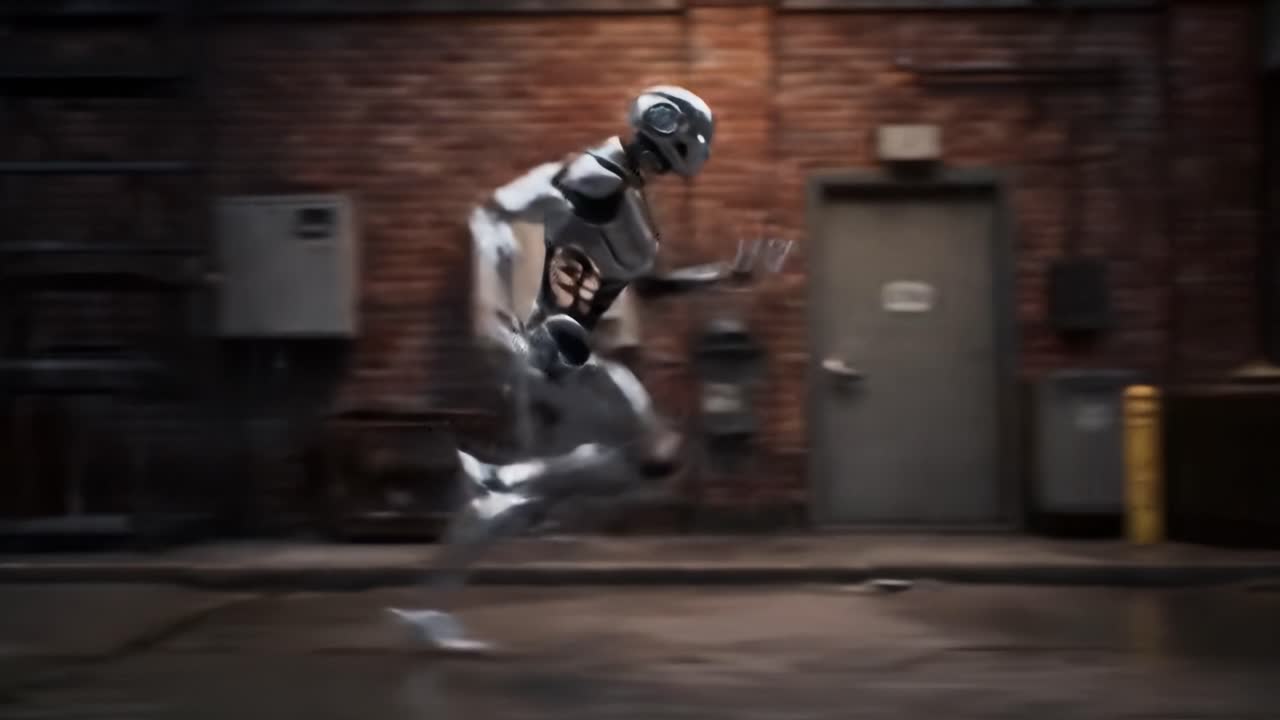 A sleek, metallic robot dashes through a wet urban alley, showcasing advanced agility and speed. Raindrops fall as sparks fly from its rapid movements, creating a dynamic chase atmosphere.