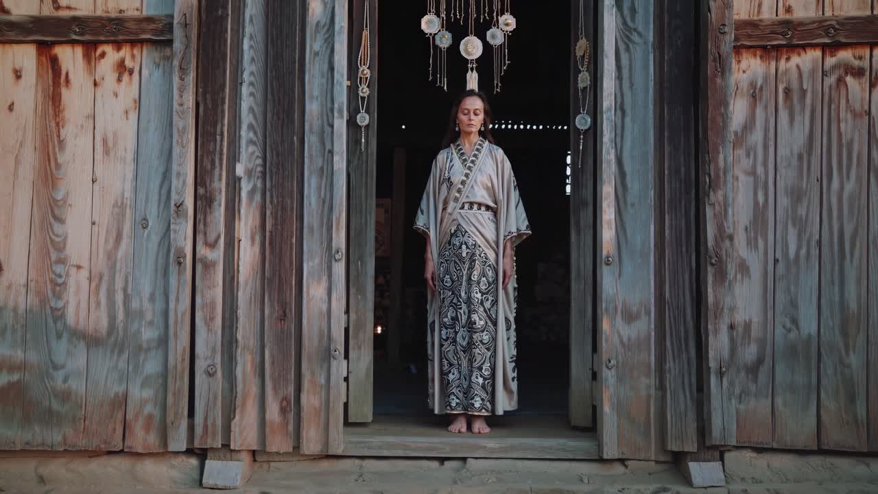 Woman in traditional attire stands gracefully at the entrance of a rustic wooden structure, embodying serenity and cultural elegance in a captivating scene