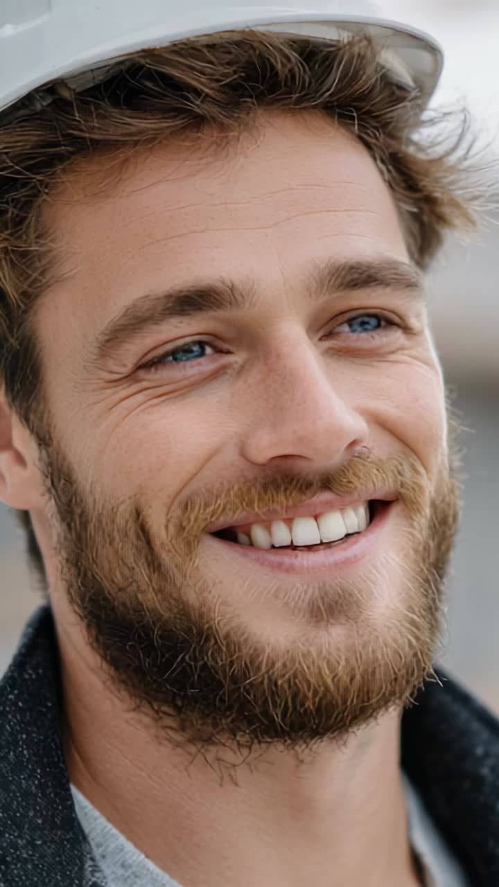 A cheerful young construction worker with a hard hat showcases a bright smile, embodying the spirit of dedication and safety in the building industry