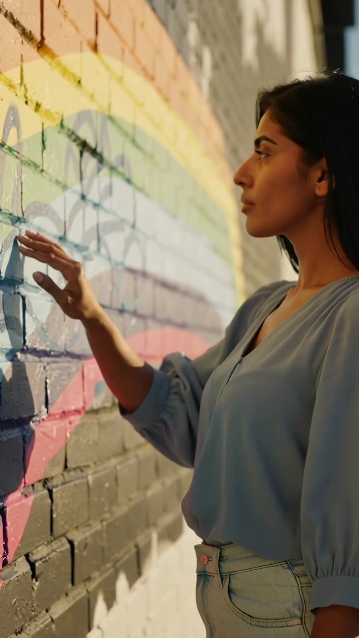 Vertical video: Spotting rainbow wall, woman in blue top, jeans touching brick in alley, copy space