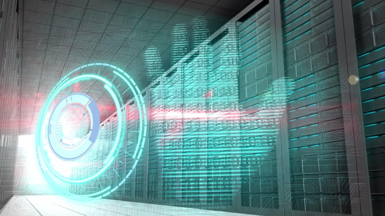 Animation of processing circle and hand over server room