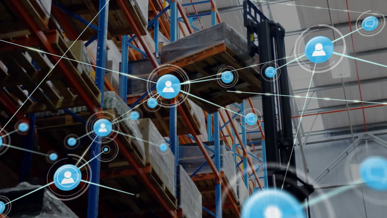 animación de la red de conexiones con iconos sobre el almacén