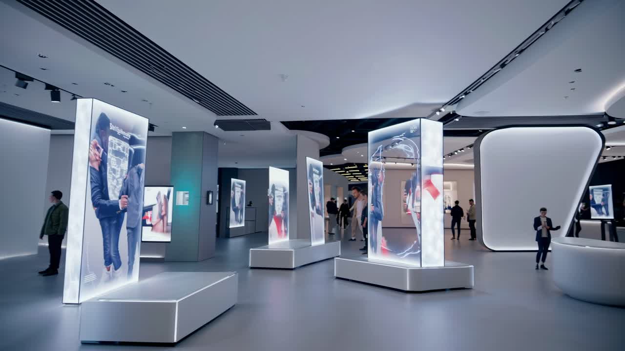 Galeria futurista com telas de vídeo verticais exibindo imagens