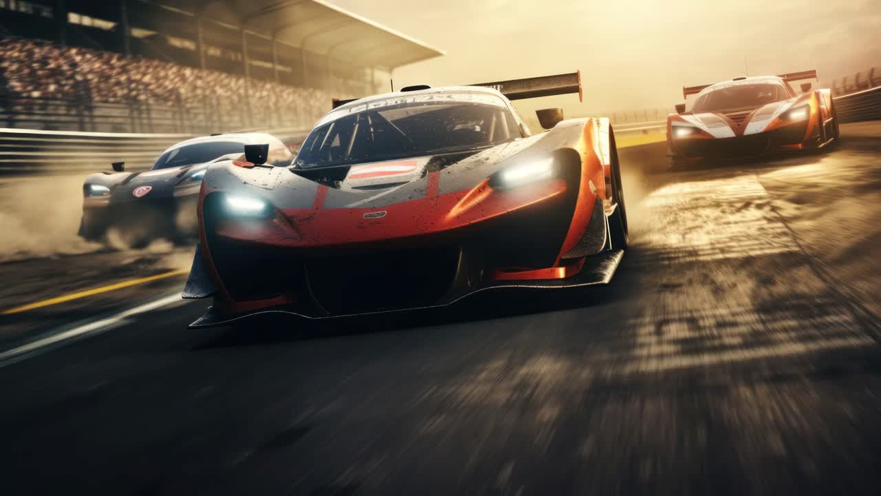 Dynamic low-angle shot of race cars speeding on a track, capturing the intense motion and excitement