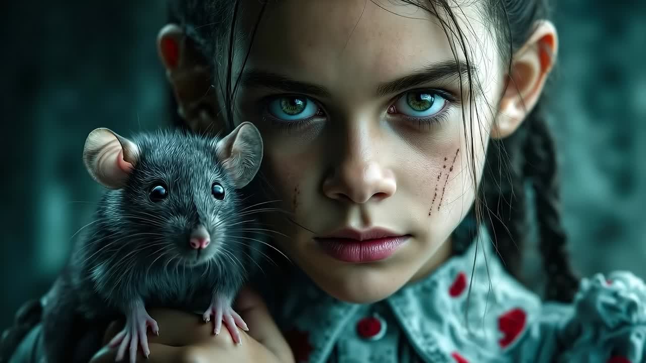 una chica sosteniendo una rata en sus manos