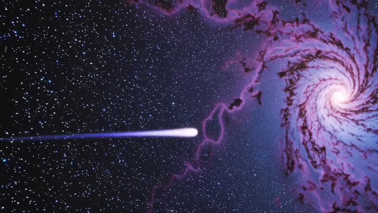 A cosmic video scene with a wide-angle view of a swirling galaxy and a comet streaking