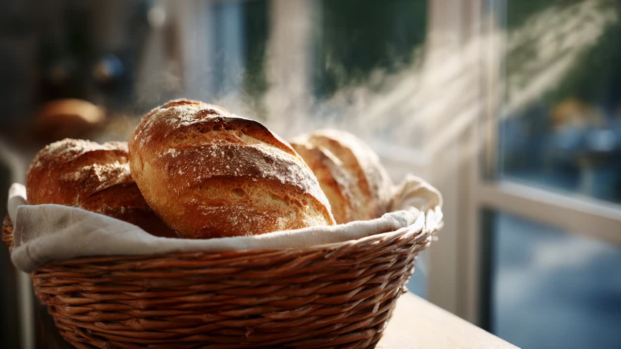 Freshly Baked Bread Rolls in a Warm Basket Surrounded by a Cozy Atmosphere with Sunlight Filtering Through a Window, Indicating a Heartwarming Culinary Experience and the Aroma of Homemade Bakery Delights