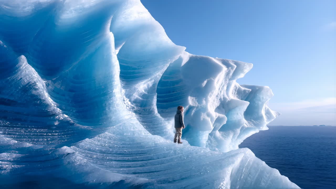 A Person Standing on a Massive Blue Iceberg in the Ocean