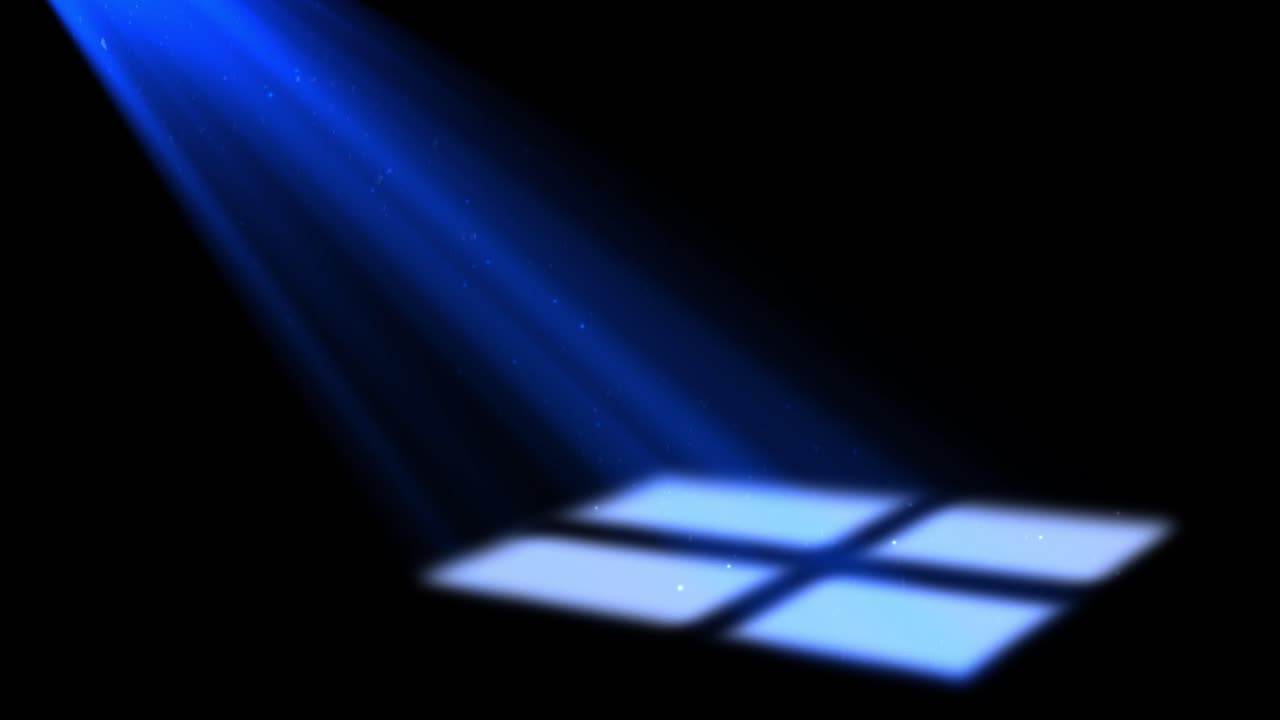 Cold blue moonlight beams shining into a dark space with floating magic dust. Mysterious volumetric lighting creating a moody night atmosphere with copy space