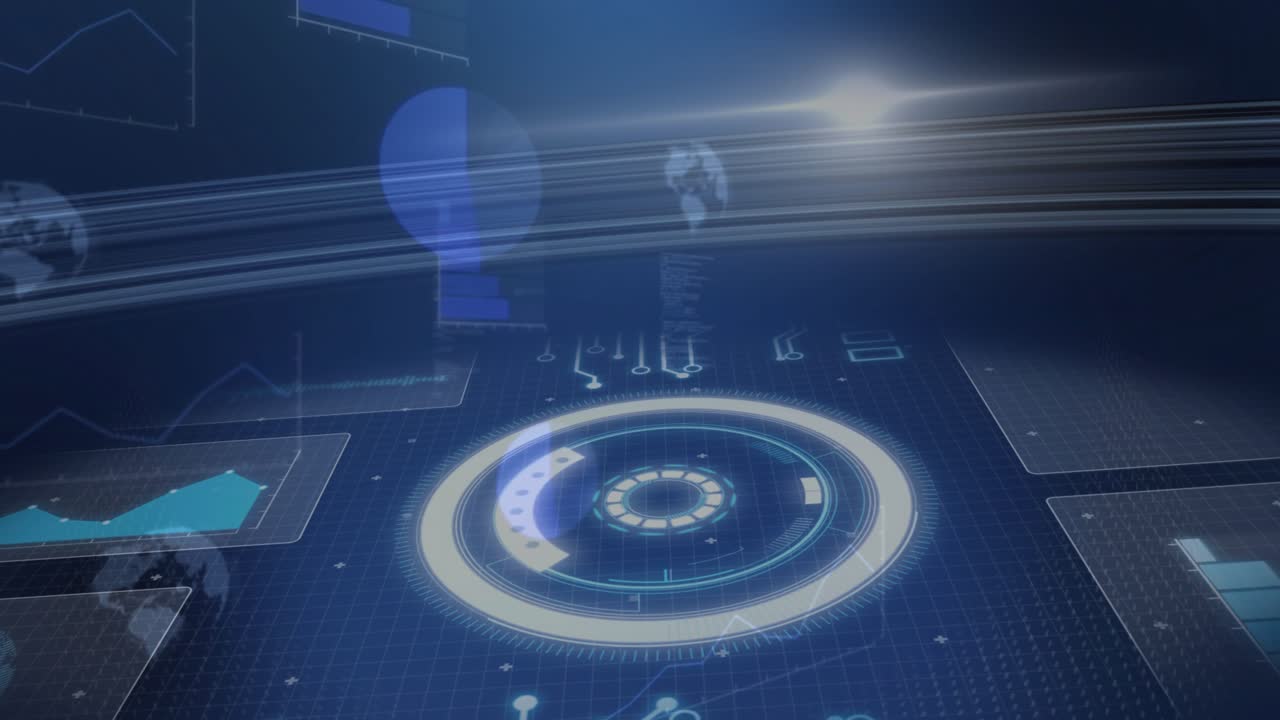 Light band sweeping, central circular HUD pulsing and rotating, revealing data charts for analytics