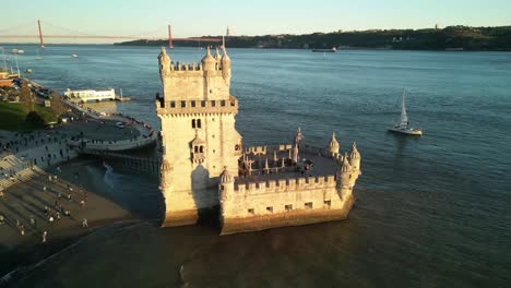 aerial view of the torre de belém at golden hour: a picturesque scene of history and beauty 03