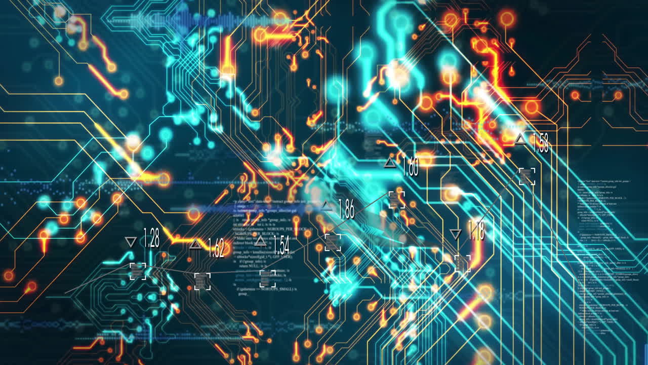 Glowing animation of circuit board with blue and orange digital patterns
