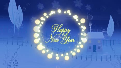 Animation-of-happy-new-year-greetings-text-in-fairy-lights-frame-over-christmas-winter-scenery