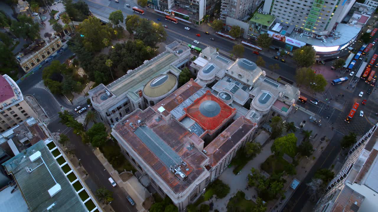 Aerial panoramic drone fly National Library of Santiago de Chile City Streets Traffic, Buildings around Architve and Patrimonial Landmarks, South america