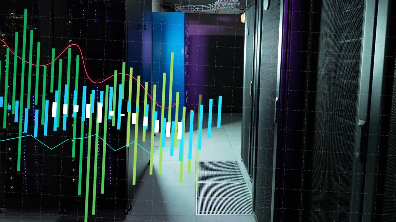 Animation of multicolored graphs over data server racks in server room
