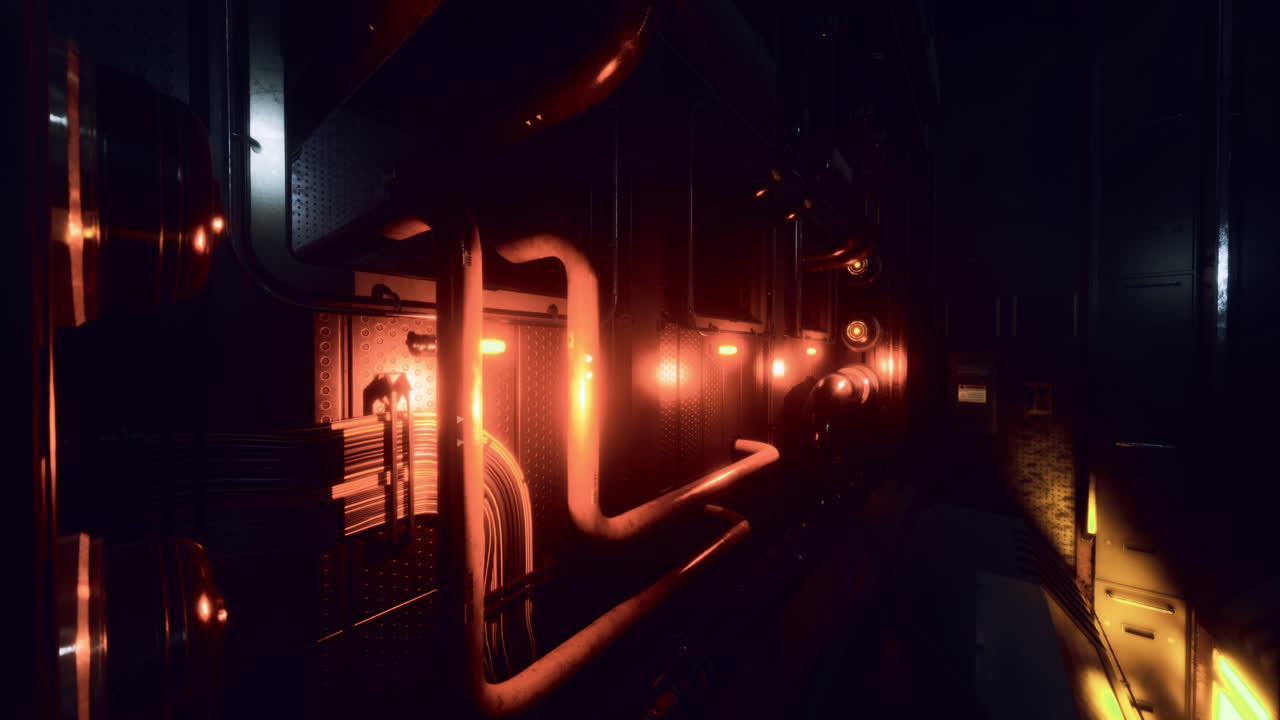 Glowing pipes form an otherworldly corridor in a futuristic setting