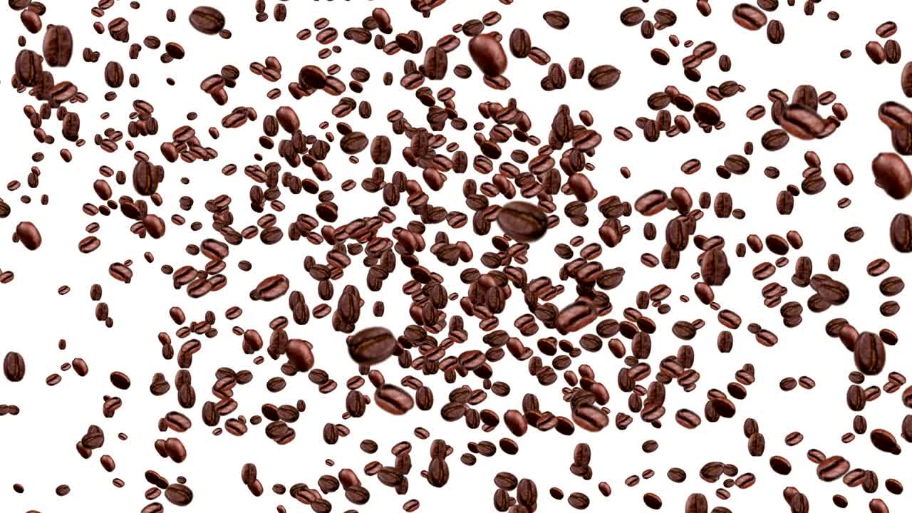 fagioli di caffè che volano in vortice su sfondo bianco con sbiadimento, ciclo senza cuciture