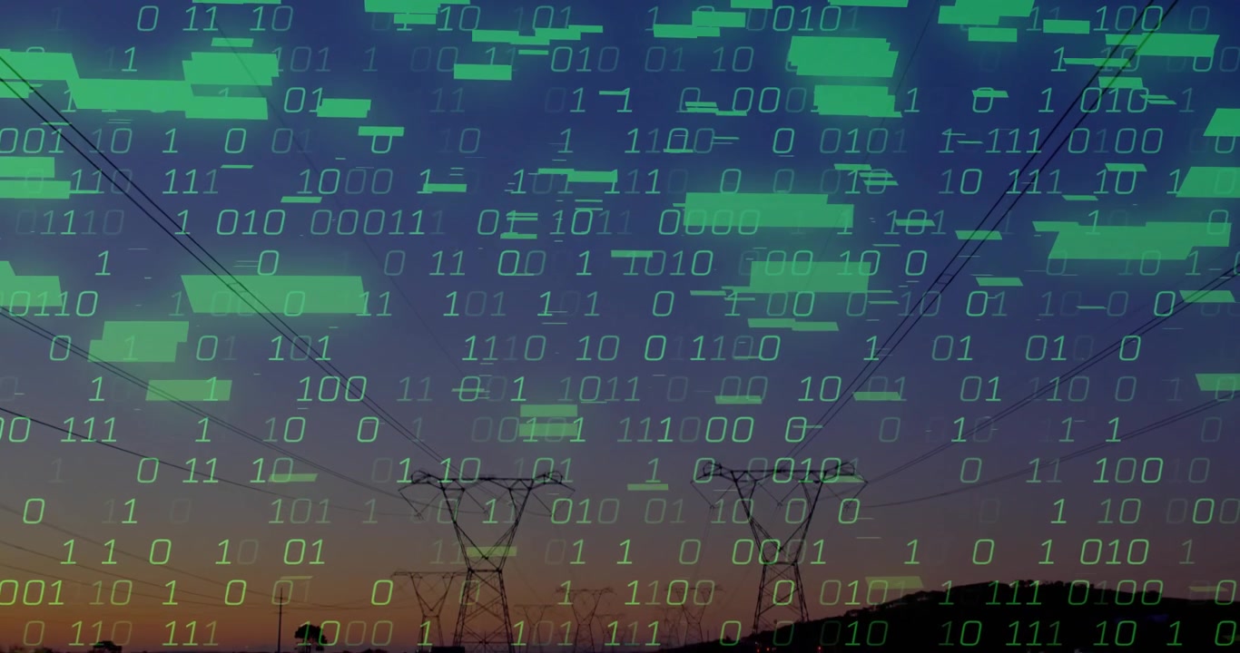Deepening dusk sky starting floating green binary code flowing over towers showing digital flow