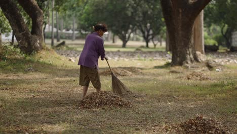 a person sweeping fallen leaves in an outdoor area