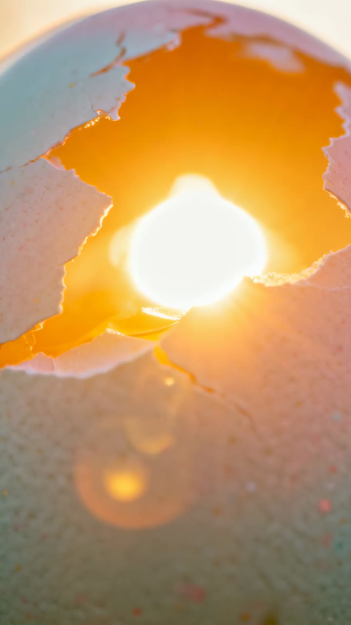 Video verticale: Che mostra un guscio d'uovo bluastro e incrinato che si illumina e rivela un bagliore e un effetto flare in studio.