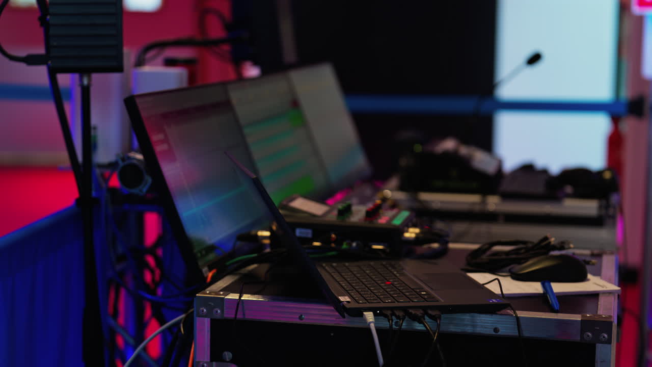 Computers and sound systems at the International Games Festival in Cannes, France