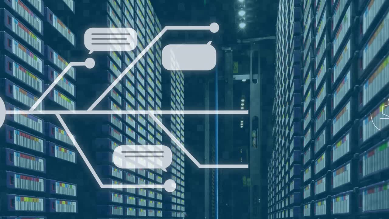 Animation of ai text and icon, data processing over computer servers