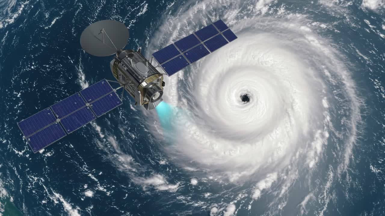 Un satellite monitora l'intensa formazione di un uragano, catturando l'occhio e le bande a spirale della tempesta mentre si sposta sulle acque dell'oceano, evidenziando le dinamiche climatiche