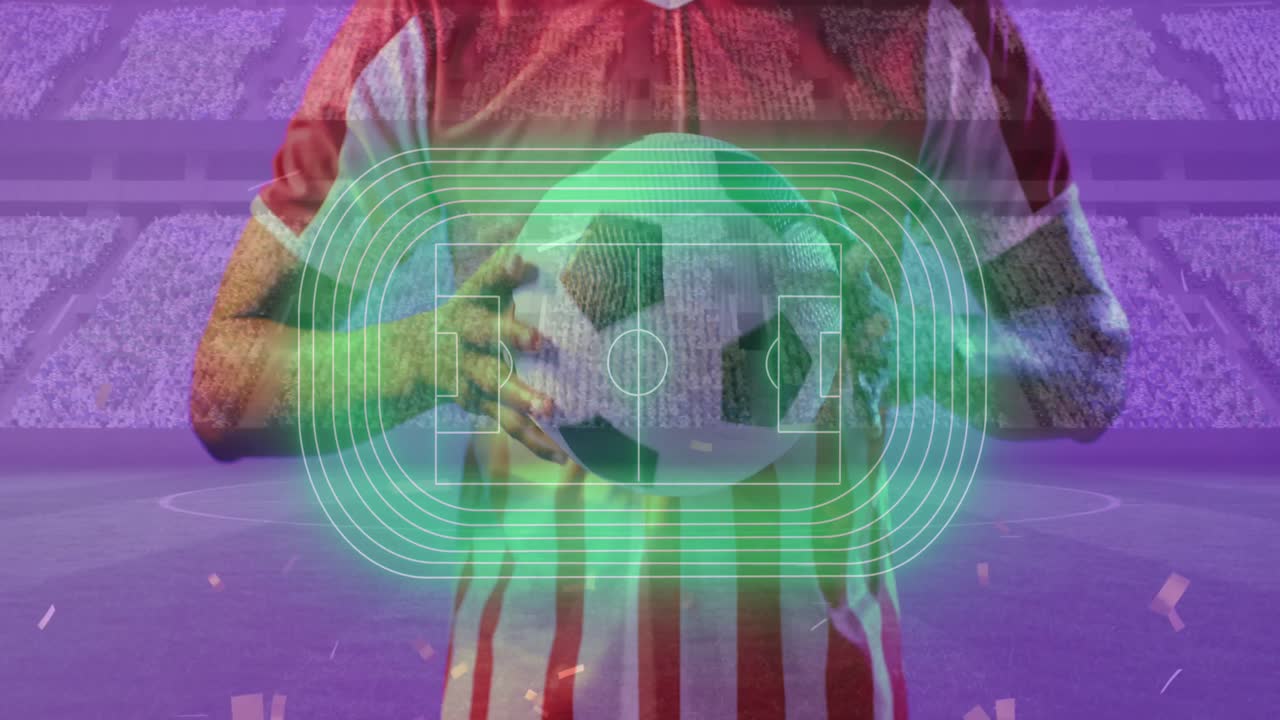 animación de confeti cayendo sobre futbolista afroamericano y estadio deportivo