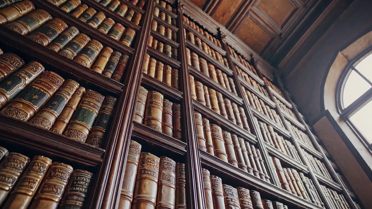 A video showcasing a vintage library with towering bookshelves, captured from a low-angle