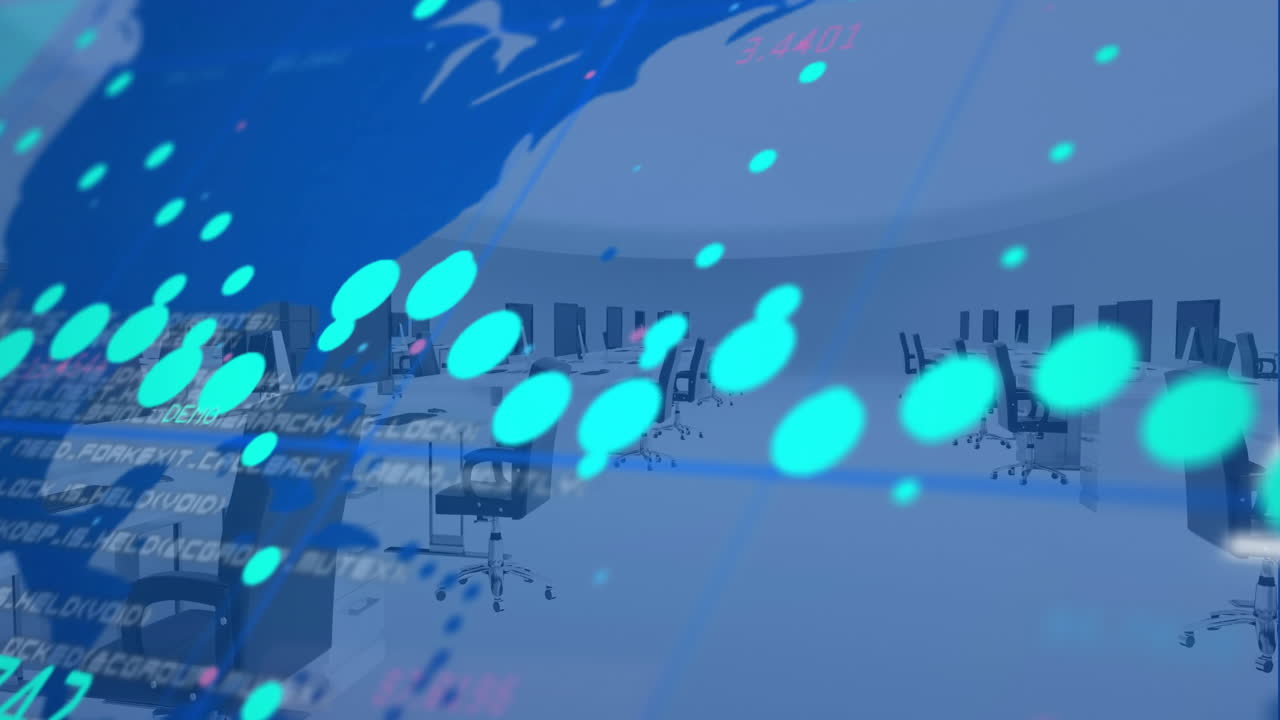 책상 위에 컴퓨터를 가진 사무실에서 금융 데이터 처리 및 세계 지도의 애니메이션