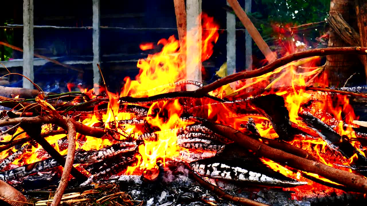 불타는 불꽃과 불타는 목재의 클로즈업.