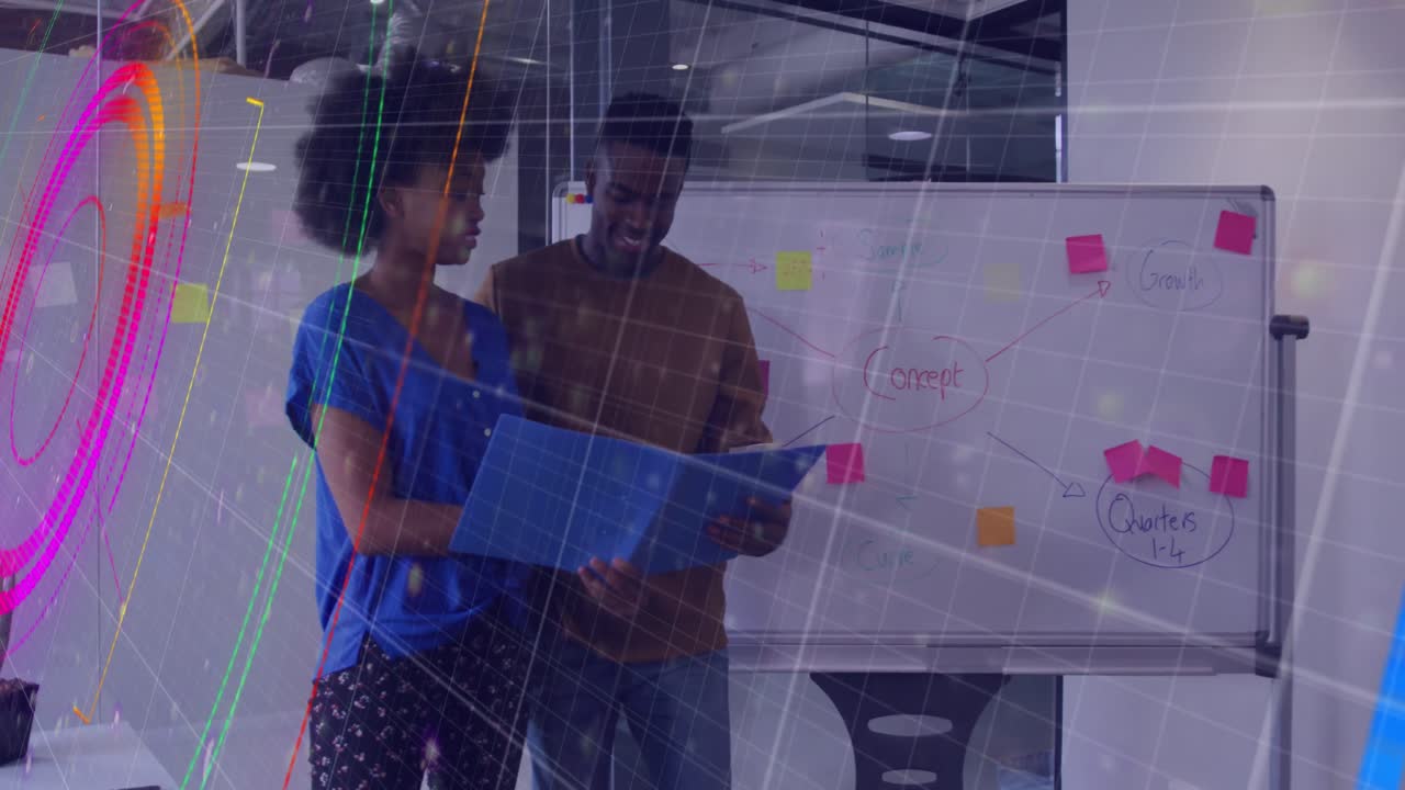 Animation of data processing and scope over diverse business people in office