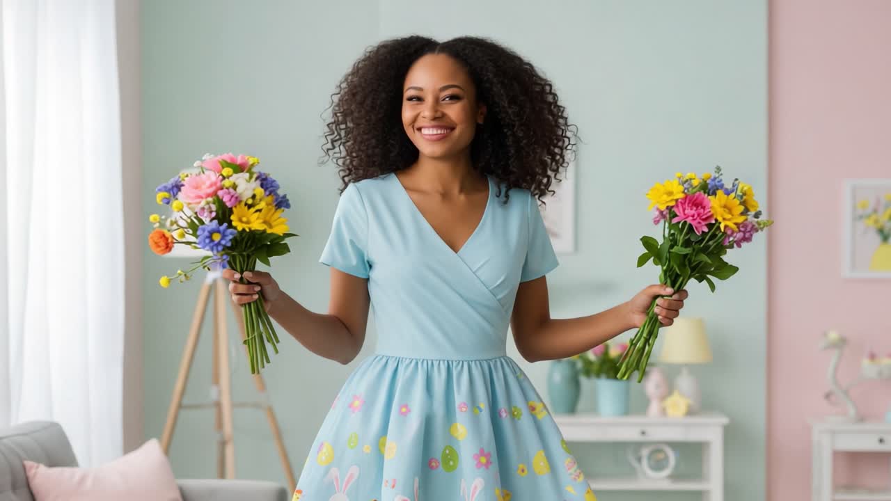 Joyful Celebration of Spring: A Young Woman in a Colorful Easter Dress Embraces Nature with Two Bunches of Flowers in a Bright Room