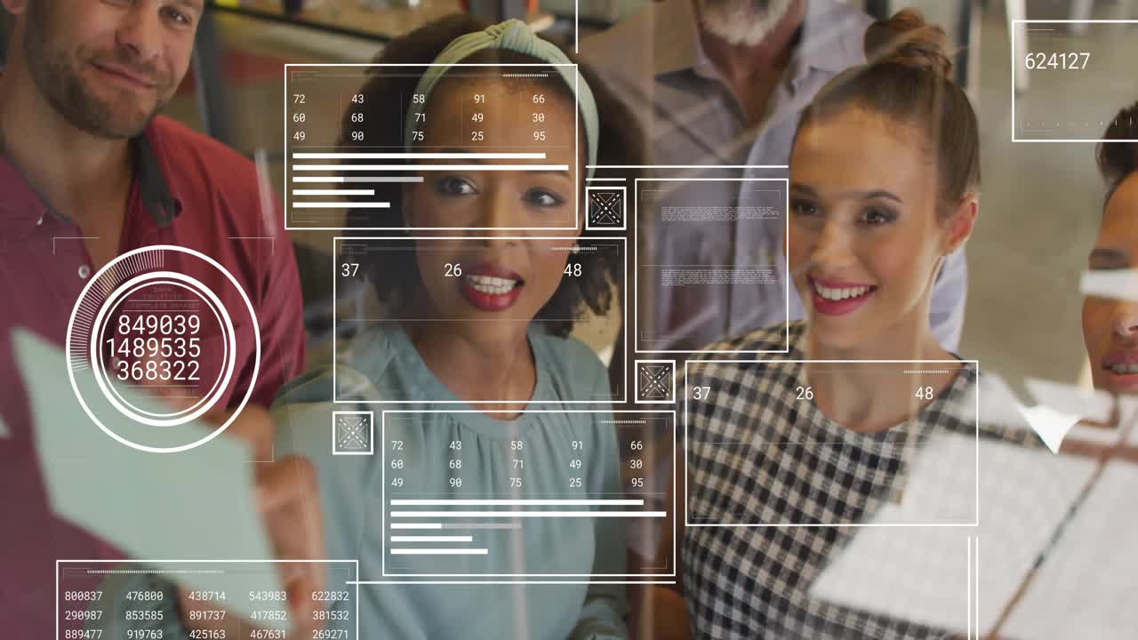 Female host raising document card and activating AR panels while team reviewing business metrics