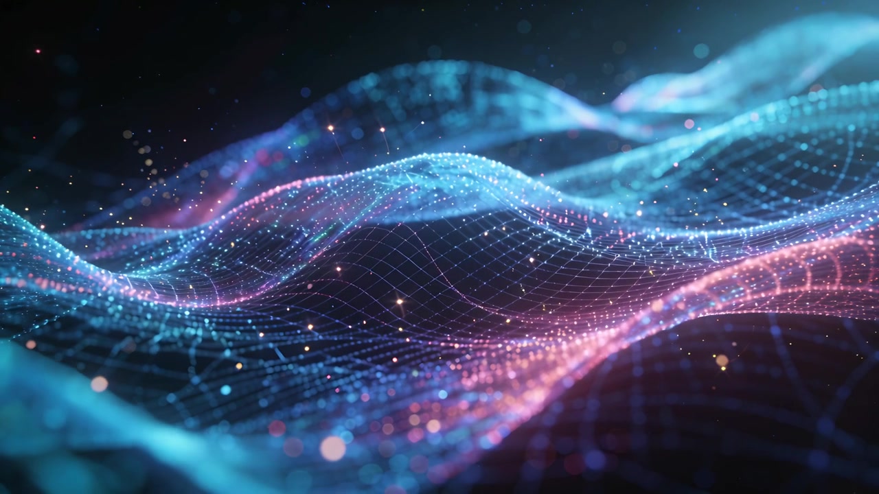 Starting tri-color wireframe mesh undulating across void, emphasizing depth and twinkling particles