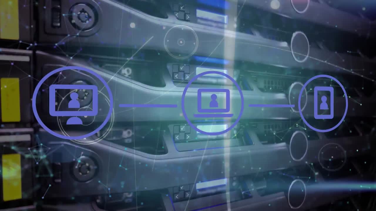 animación de iconos y procesamiento de datos a través de un servidor informático.