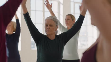 yoga class of healthy mature women practicing warrior pose enjoying morning physical fitness workout in studio