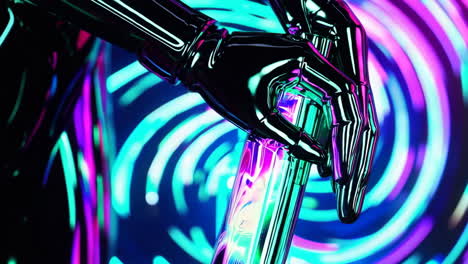 futuristic robotic hand amidst vibrant neon spirals