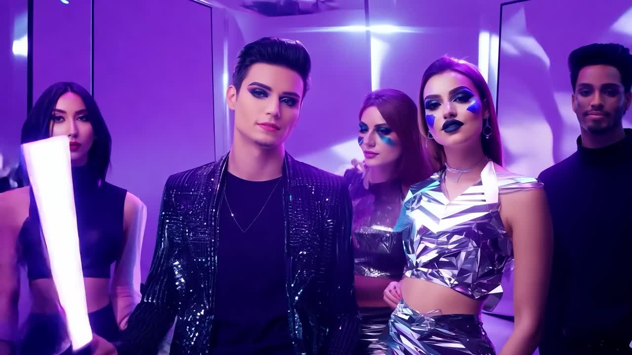 un grupo de personas con ropa elegante posando para una sesión de fotos