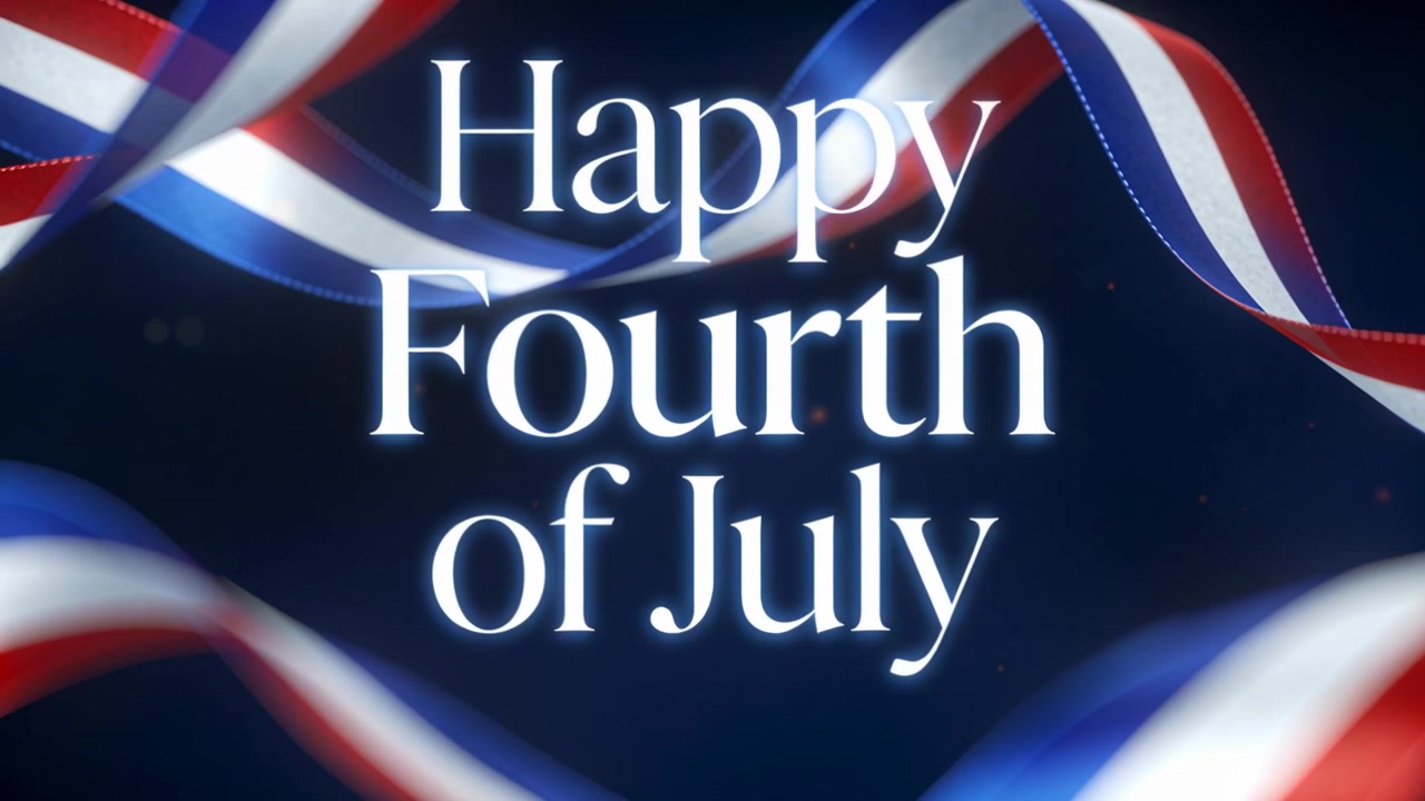 Animation starting, centered 'Happy Fourth of July' glowing on navy with sparks, ribbons undulating