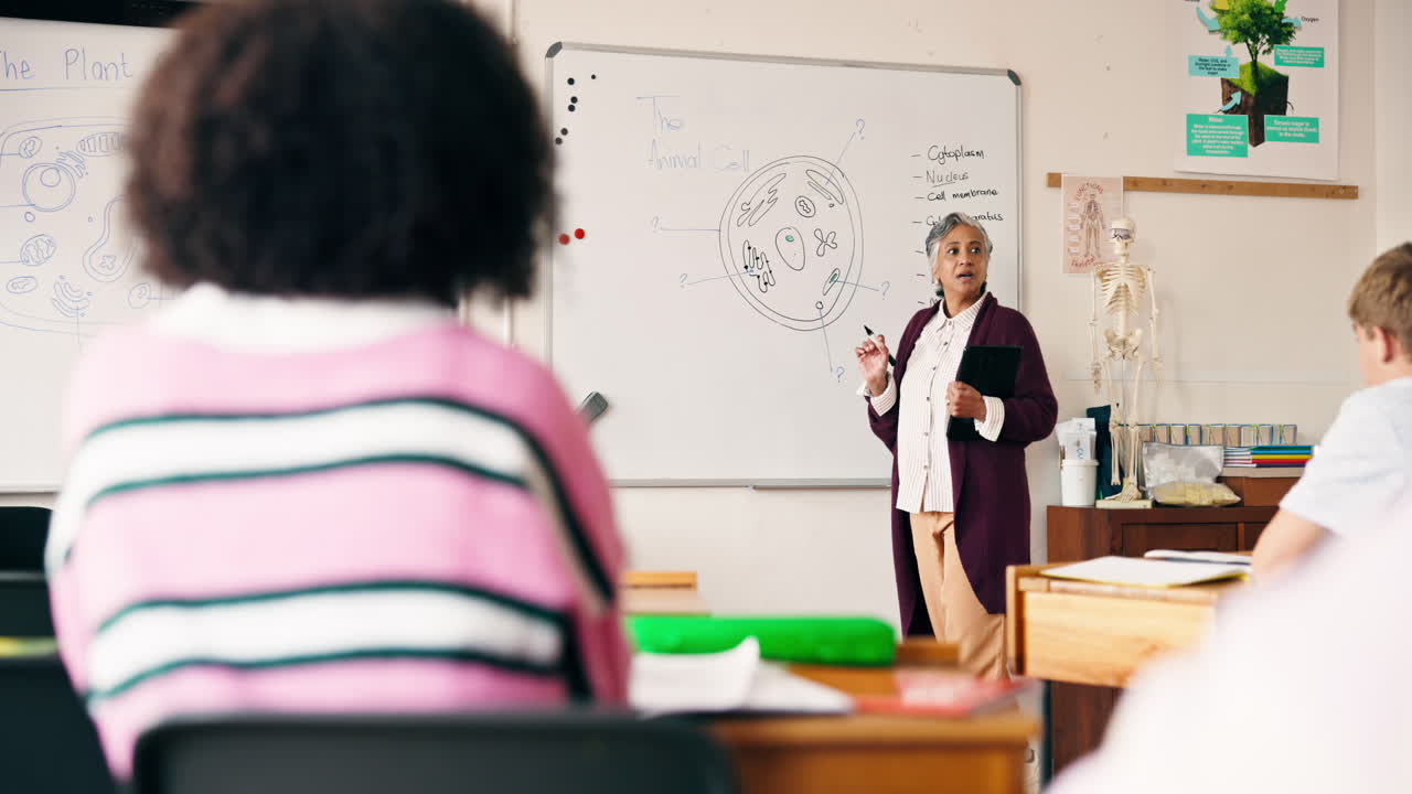 A teacher explaining cell structure to students in a classroom